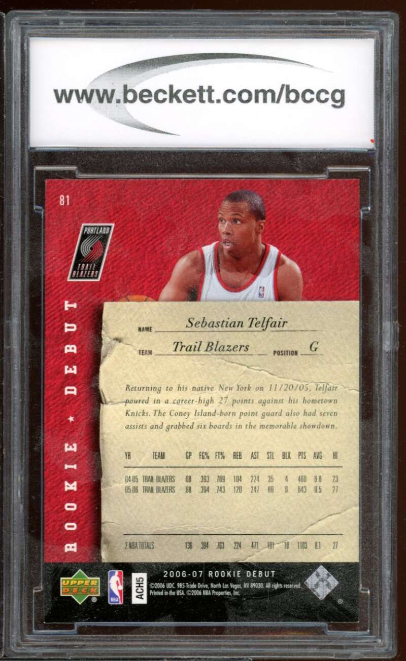 Sebastian Telfair Card 2006-07 Upper Deck Rookie Debut #81 BGS BCCG 10 Image 2