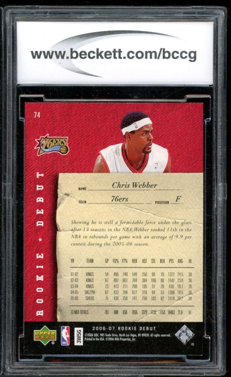 Chris Webber Card 2006-07 Upper Deck Rookie Debut #74 BGS BCCG 10 Image 2