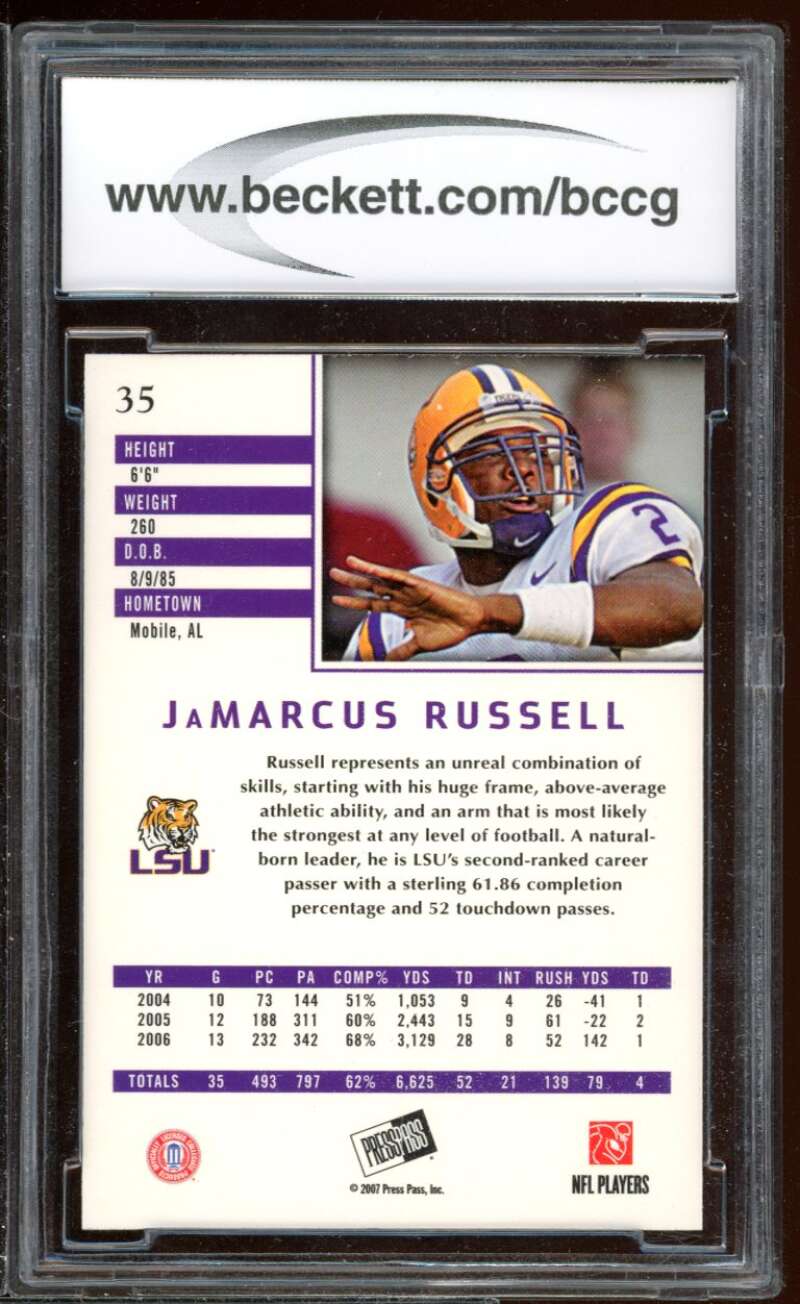 Jamarcus Russell Rookie Card 2007 Press Pass Se #35 BGS BCCG 10 Image 2