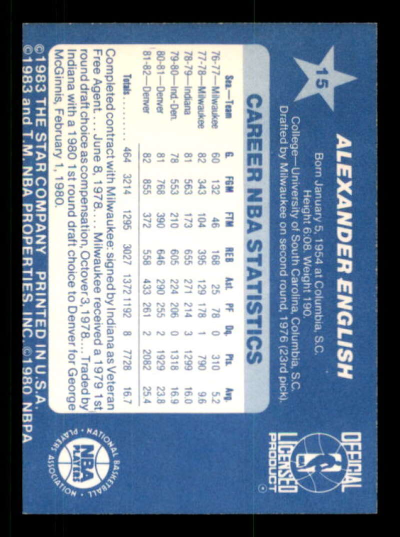 Alex English Card 1983 Star All-Star Game #15 Image 2