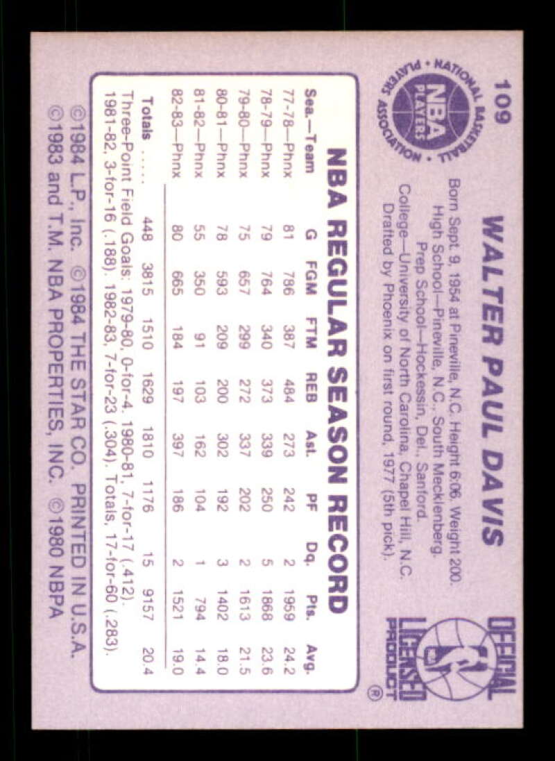Walter Davis Card 1983-84 Star #109 Image 2