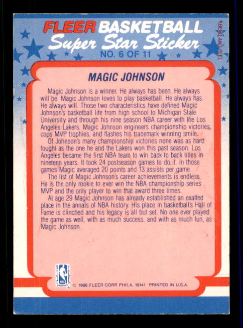 Magic Johnson Card 1988-89 Fleer Stickers #6 Image 2