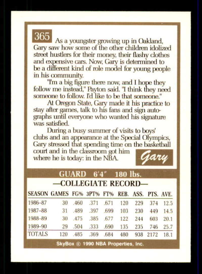 Gary Payton Rookie Card 1990-91 SkyBox #365 Image 2