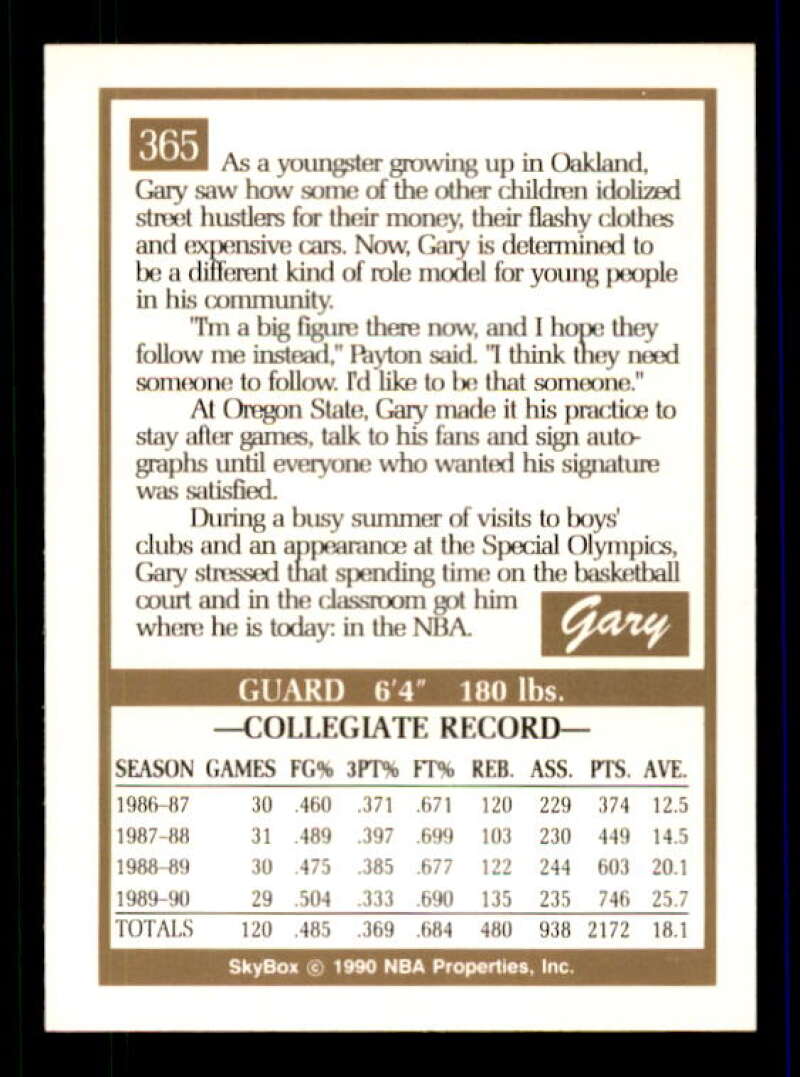 Gary Payton Rookie Card 1990-91 SkyBox #365 Image 2