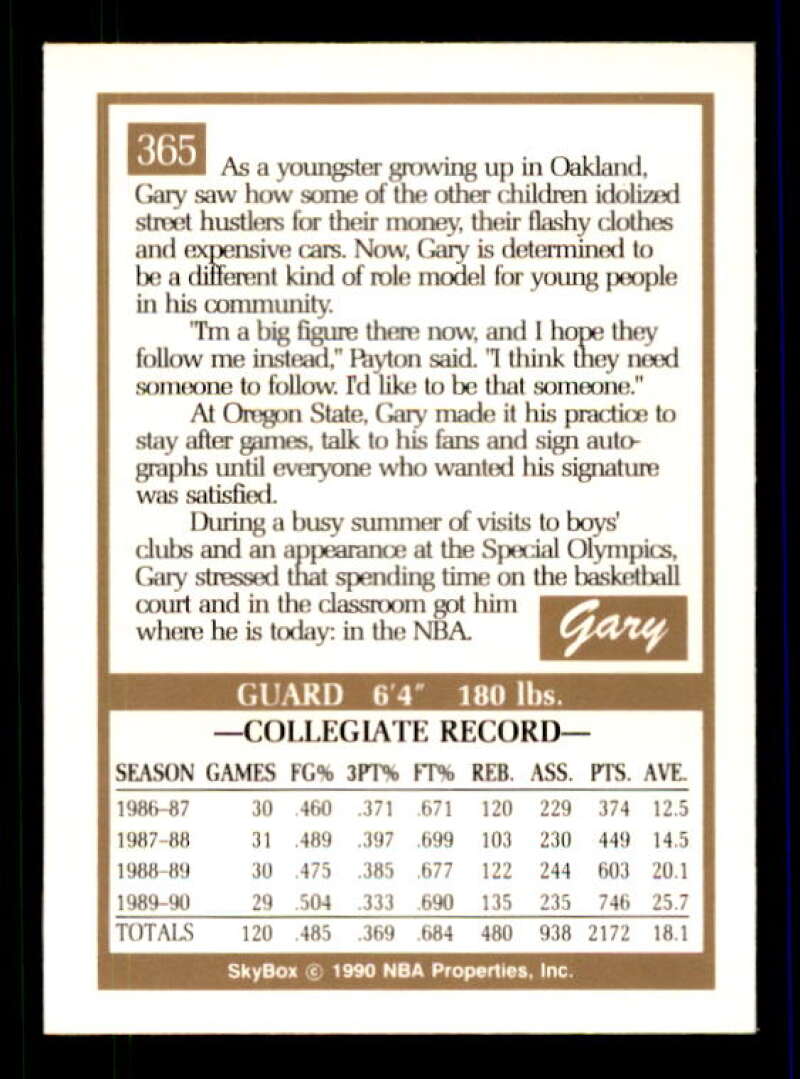 Gary Payton Rookie Card 1990-91 SkyBox #365 Image 2