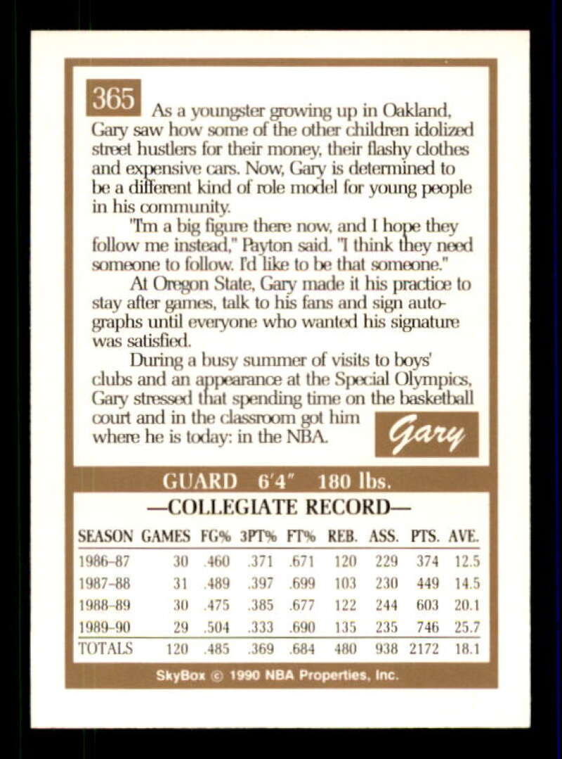 Gary Payton Rookie Card 1990-91 SkyBox #365 Image 2