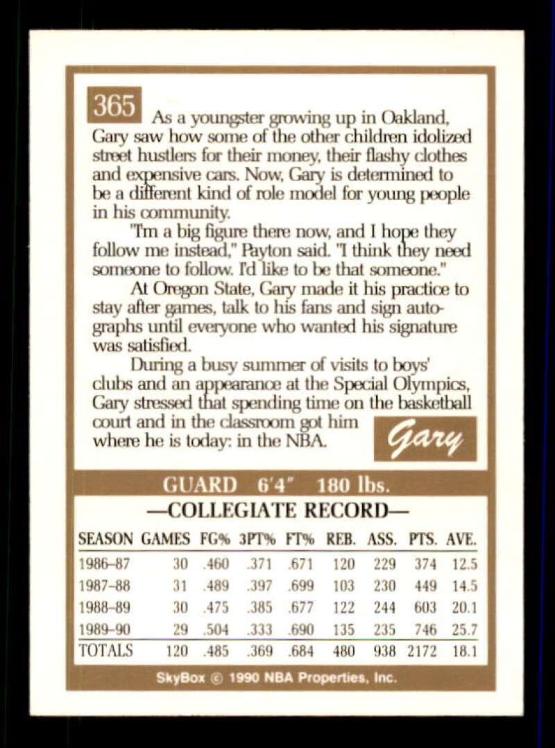 Gary Payton Rookie Card 1990-91 SkyBox #365 Image 2