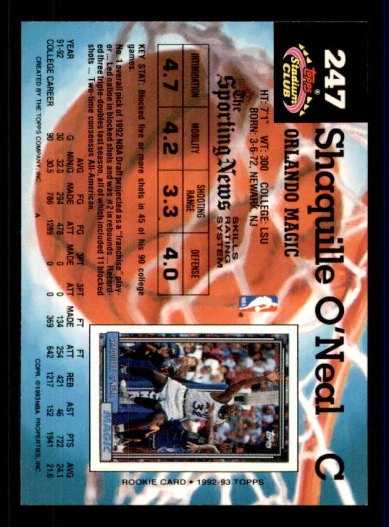 Shaquille O'Neal Rookie Card 1992-93 Stadium Club #247 Image 2