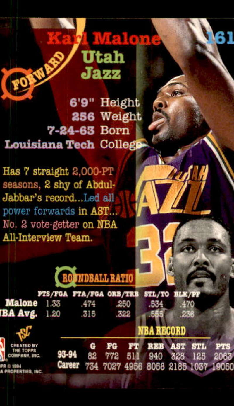 Karl Malone Card 1994-95 Stadium Club First Day Issue #161 Image 2