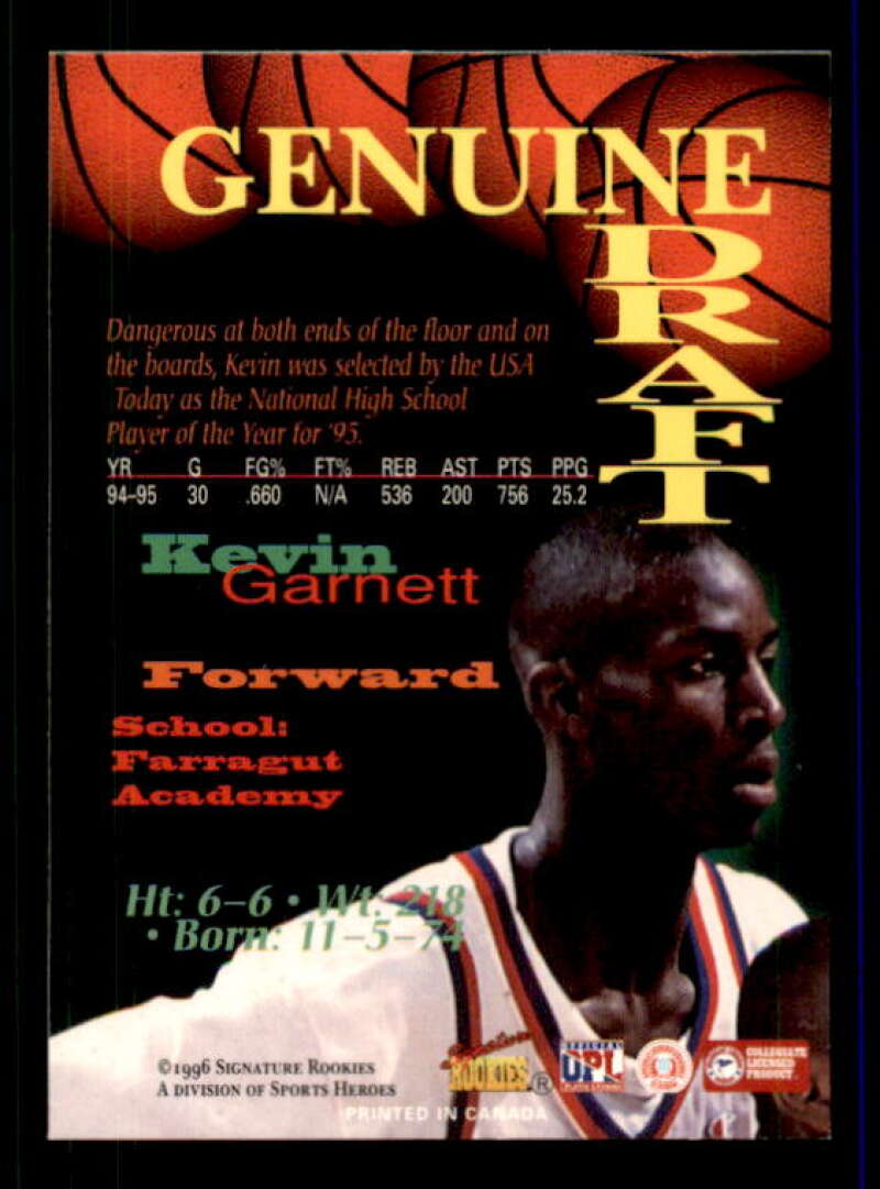 Kevin Garnett Card 1996 Signature Rookies Genuine Draft #2 Image 2