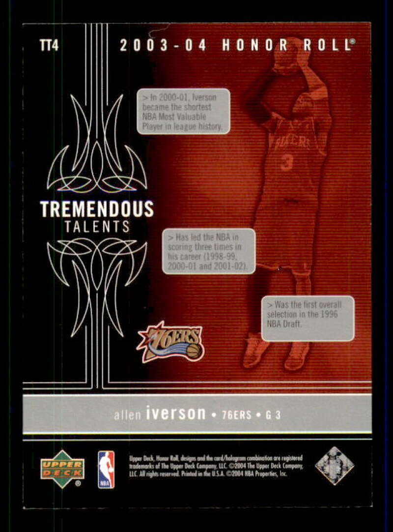 Allen Iverson Card 2003-04 Upper Deck Honor Roll Tremendous Talents #TT4 Image 2