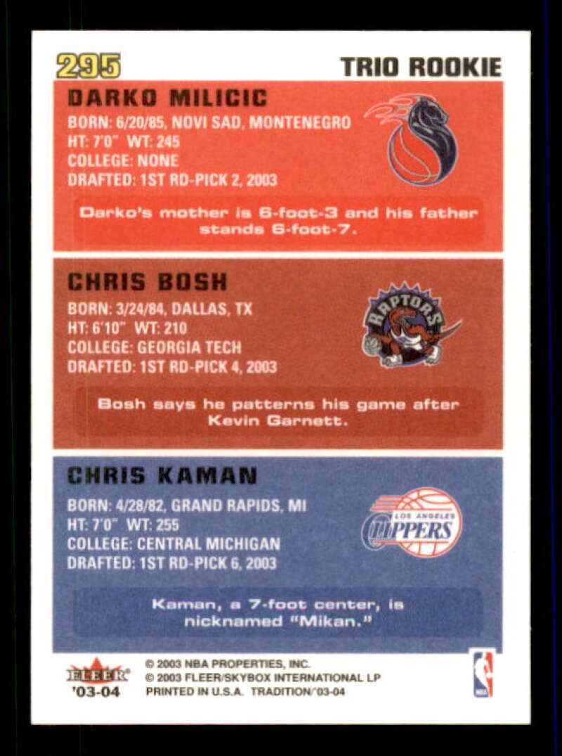 Chris Kaman RC/Chris Bosh RC/Darko Milicic Rookie 2003-04 Fleer Tradition #295 Image 2