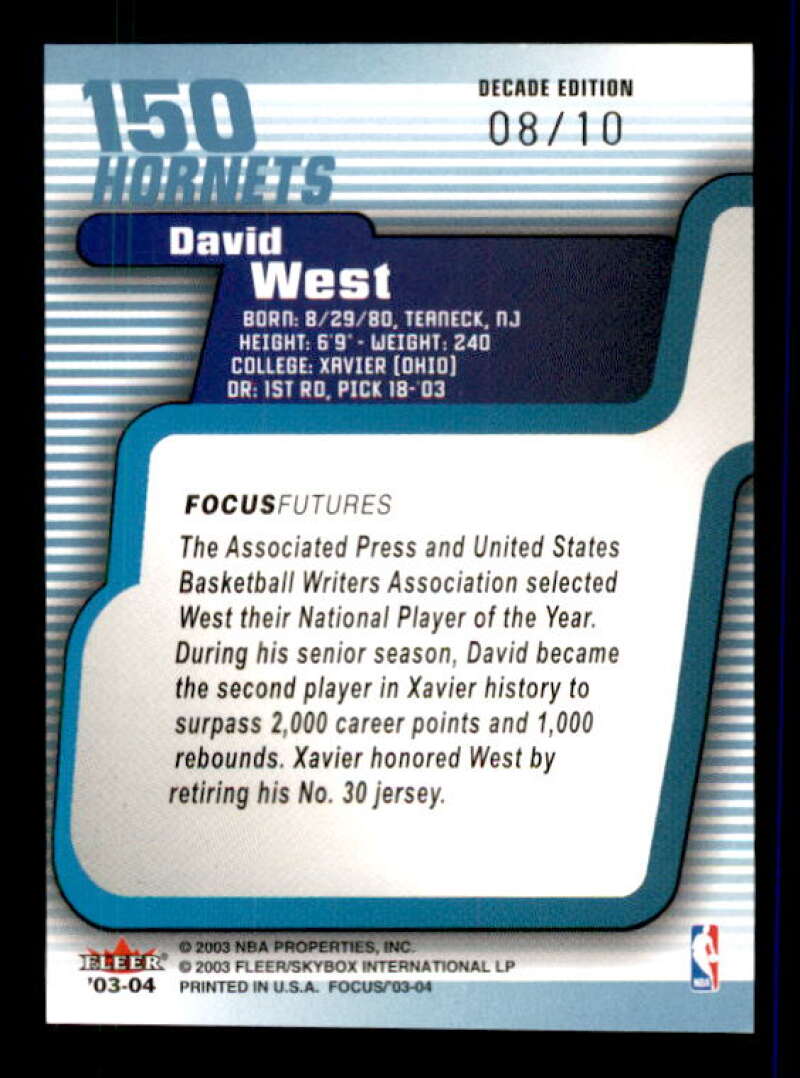 David West Rookie Card 2003-04 Fleer Focus Numbers Decade #150 Image 2