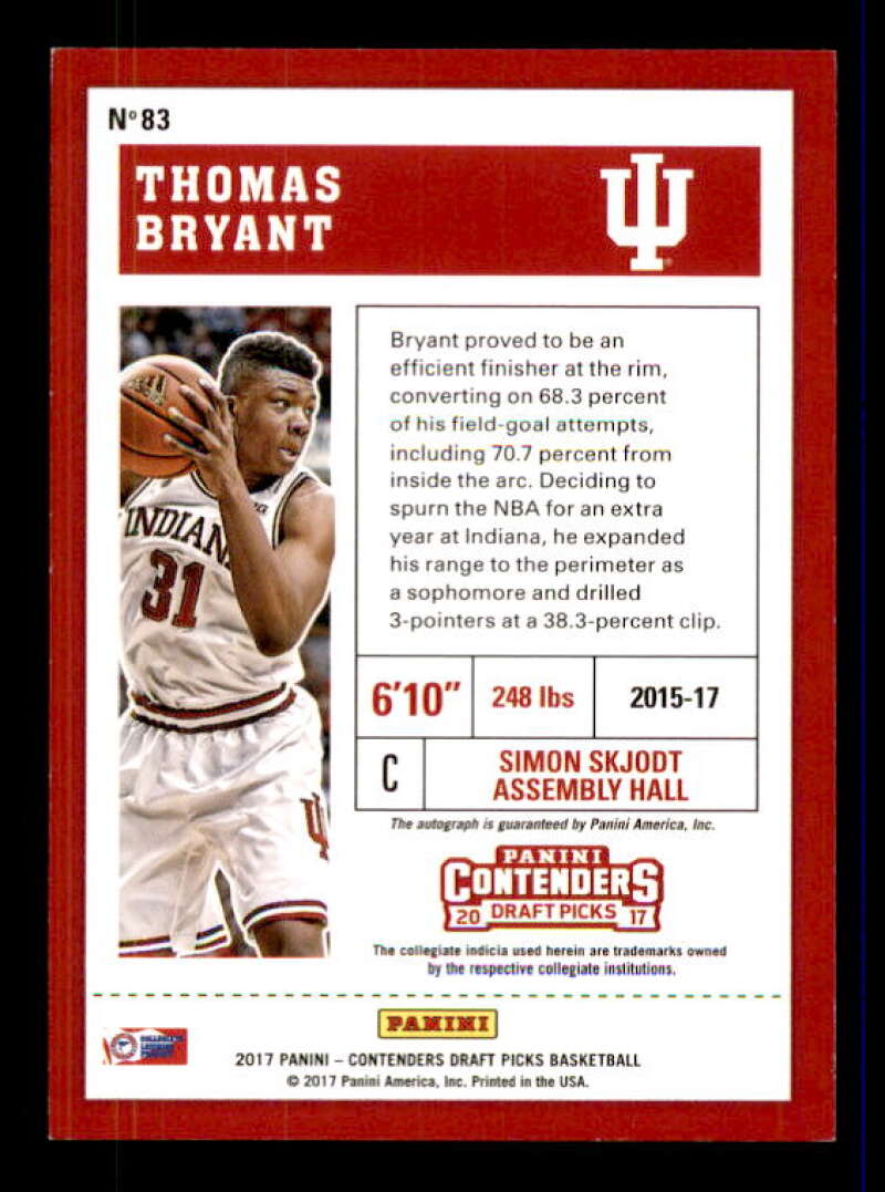 Thomas Bryant AU Card 2017-18 Panini Contenders Draft Picks #83 Image 2