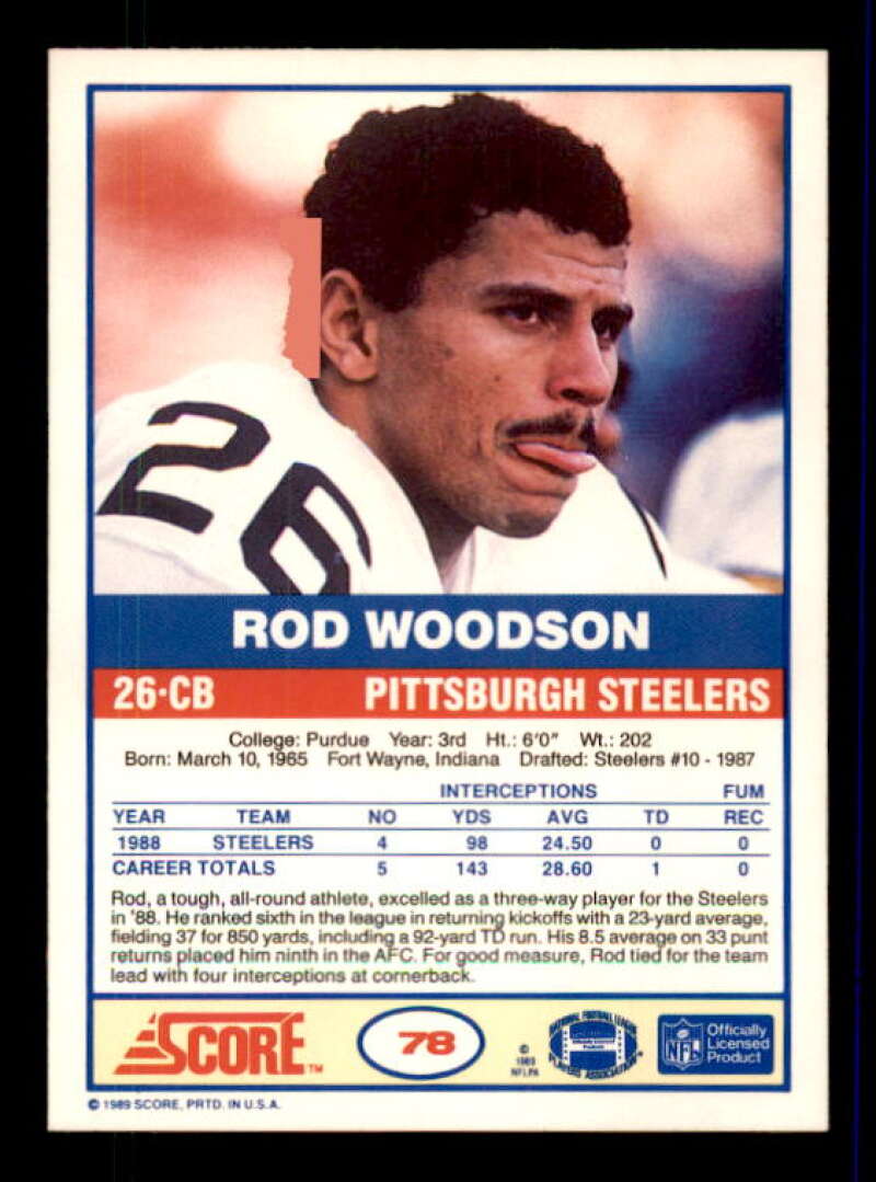 Rod Woodson Rookie Card 1989 Score #78 Image 2