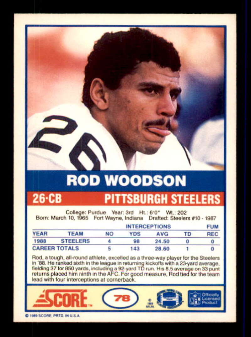 Rod Woodson Rookie Card 1989 Score #78 Image 2