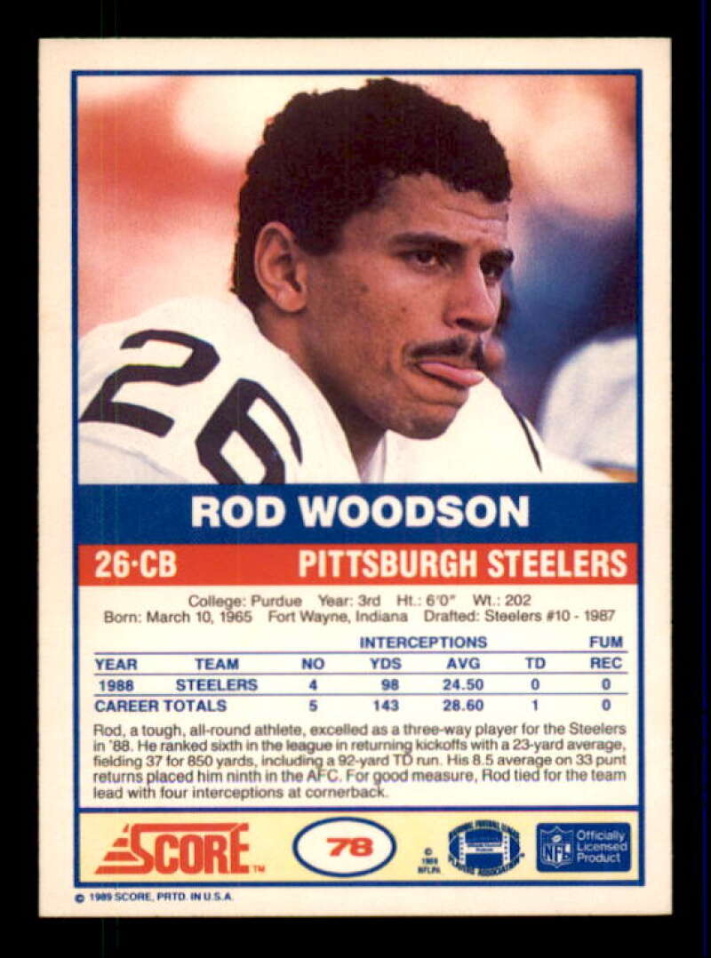 Rod Woodson Rookie Card 1989 Score #78 Image 2