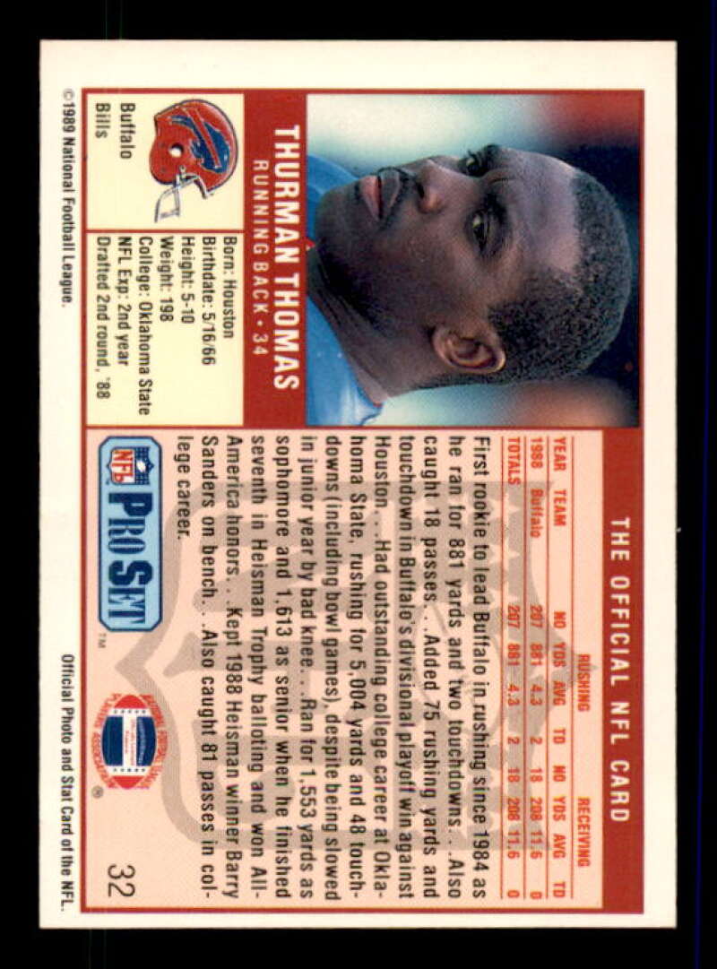 Thurman Thomas Rookie Card 1989 Pro Set #32 Image 2