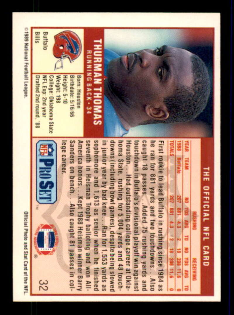 Thurman Thomas Rookie Card 1989 Pro Set #32 Image 2