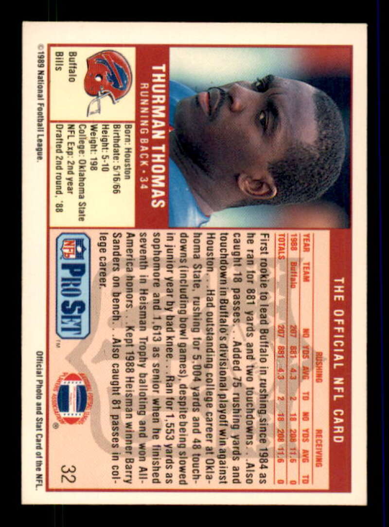 Thurman Thomas Rookie Card 1989 Pro Set #32 Image 2