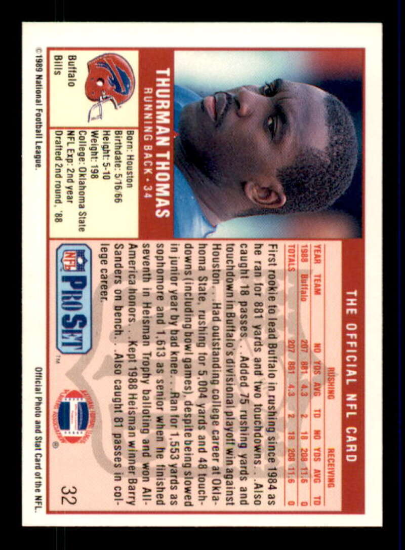 Thurman Thomas Rookie Card 1989 Pro Set #32 Image 2