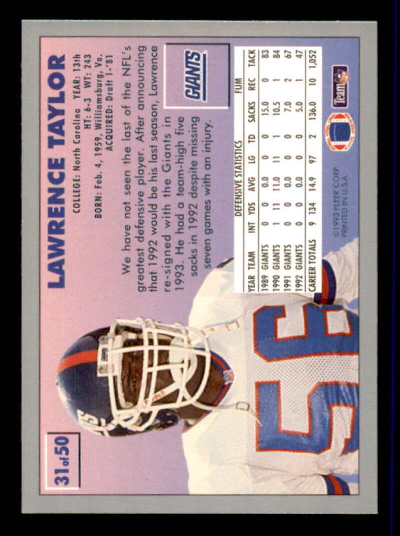 Lawrence Taylor Card 1993 Fleer Fruit of the Loom #31 Image 2