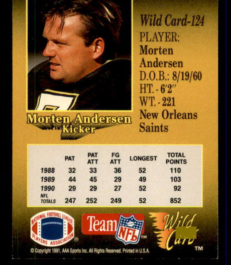 Morten Andersen Card 1991 Wild Card 100 Stripe #124 Image 2