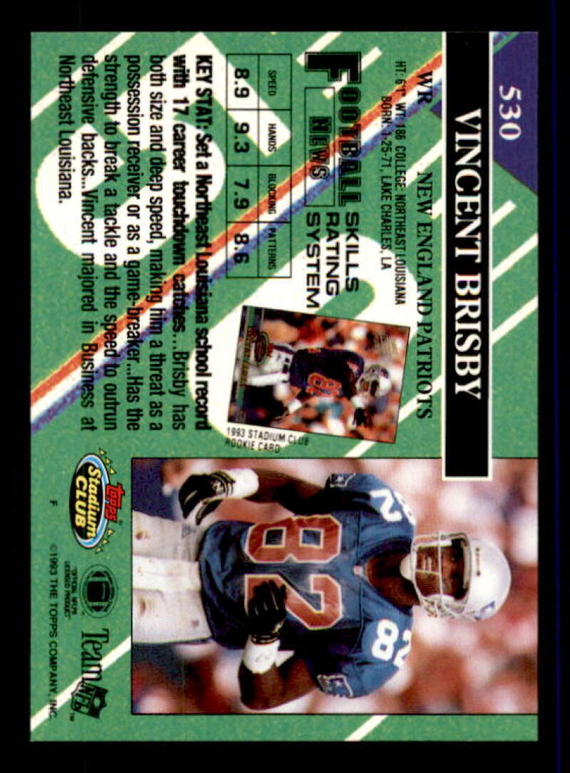 Vincent Brisby Rookie Card 1993 Stadium Club First Day #530 Image 2