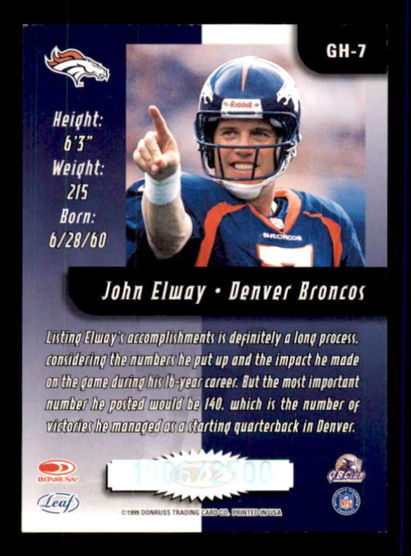 John Elway Card 1999 Leaf Rookies and Stars Greatest Hits #GH7 Image 2