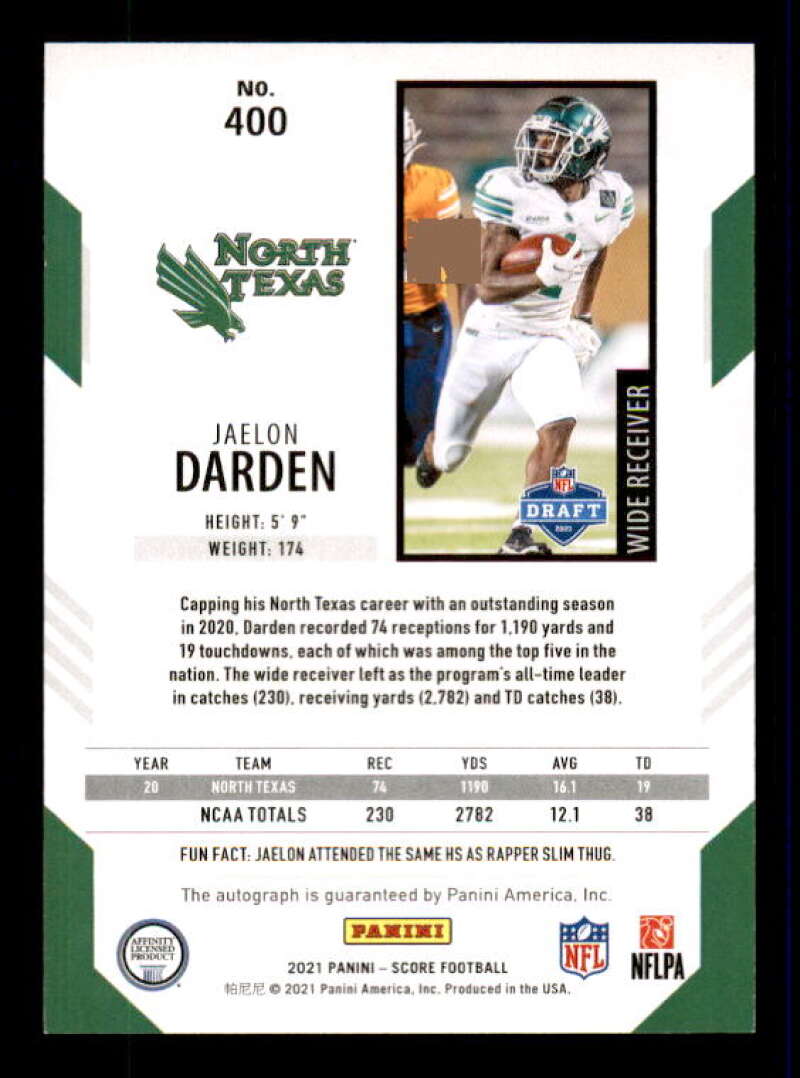 Jaelon Darden Rookie Card 2021 Score Rookie Signatures Green #400 Image 2