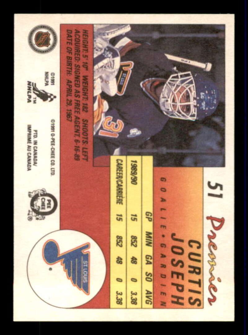 Curtis Joseph Rookie Card 1990-91 OPC Premier #51 Image 2