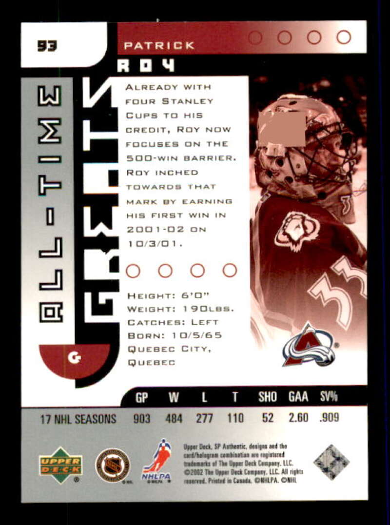 Patrick Roy ATG Card 2001-02 SP Authentic #93 Image 2