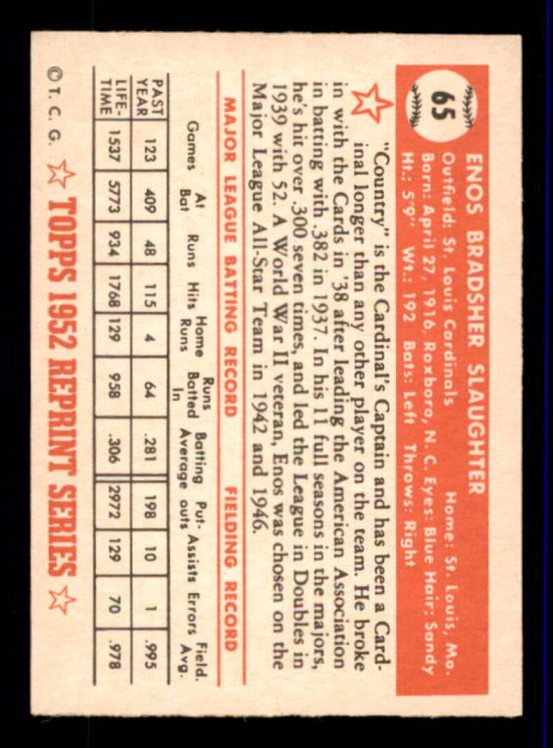 Enos Slaughter Card 1983 Topps 1952 Reprint #65 Image 2