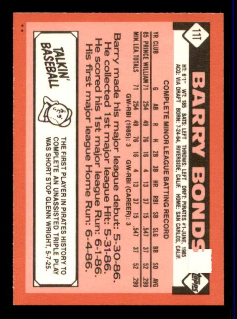 Barry Bonds Rookie Card 1986 Topps Traded #11T Image 2