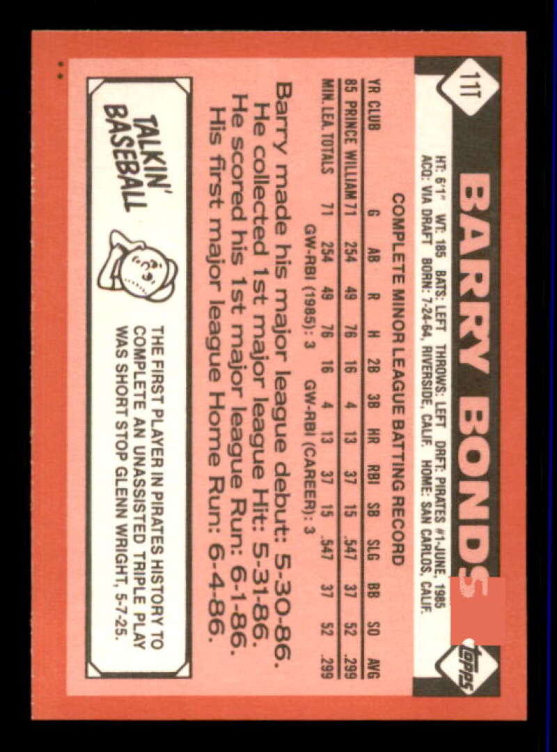 Barry Bonds Rookie Card 1986 Topps Traded #11T Image 2