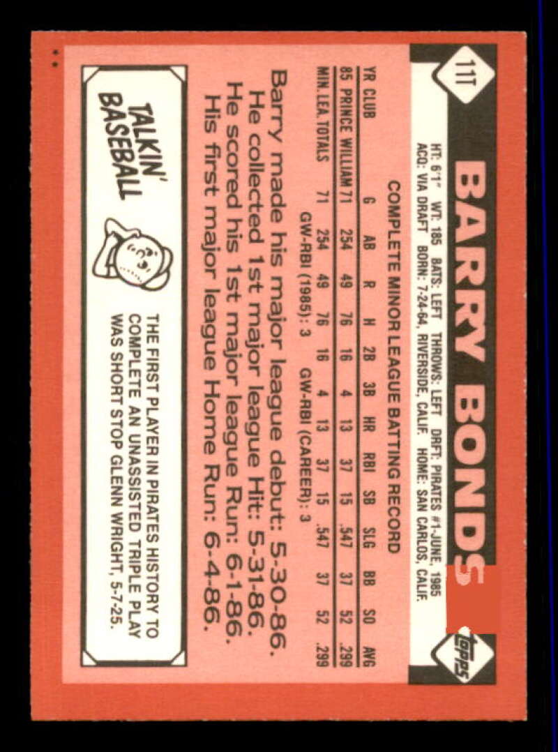 Barry Bonds Rookie Card 1986 Topps Traded #11T Image 2