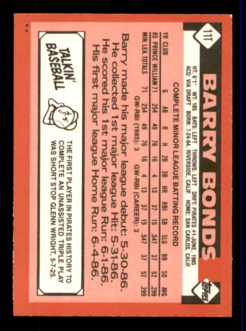 Barry Bonds Rookie Card 1986 Topps Traded #11T Image 2