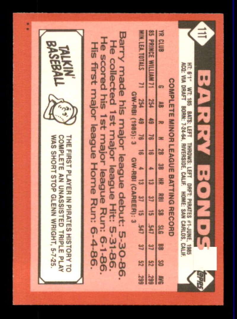 Barry Bonds Rookie Card 1986 Topps Traded #11T Image 2