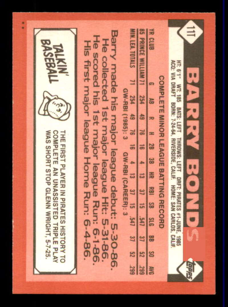 Barry Bonds Rookie Card 1986 Topps Traded #11T Image 2