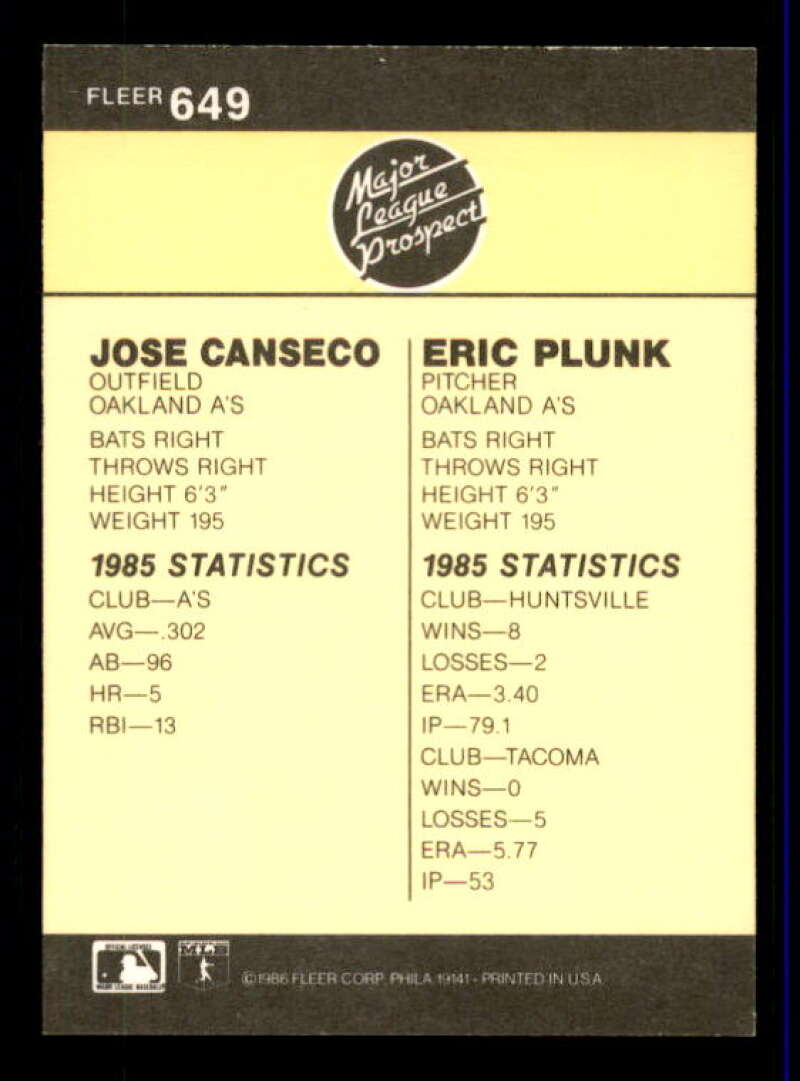 Jose Canseco Rookie Card 1986 Fleer #649 Image 2