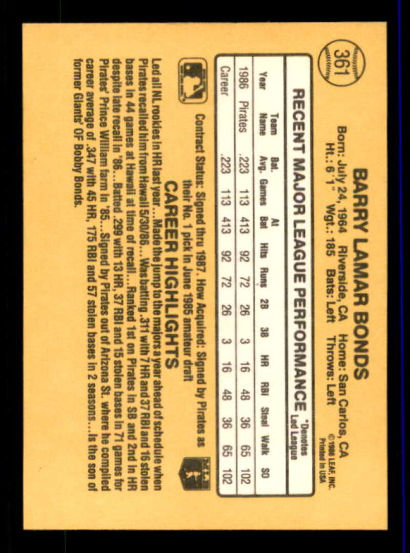 Barry Bonds Rookie Card 1987 Donruss #361 Image 2