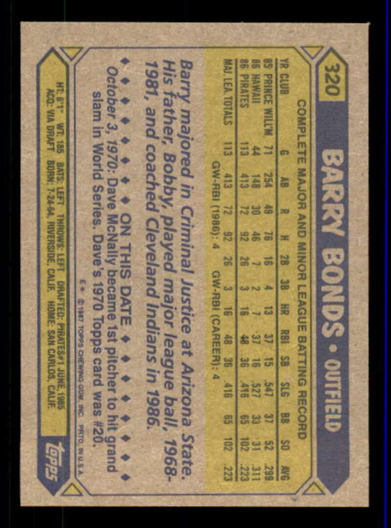 Barry Bonds Rookie Card 1987 Topps #320 Image 2