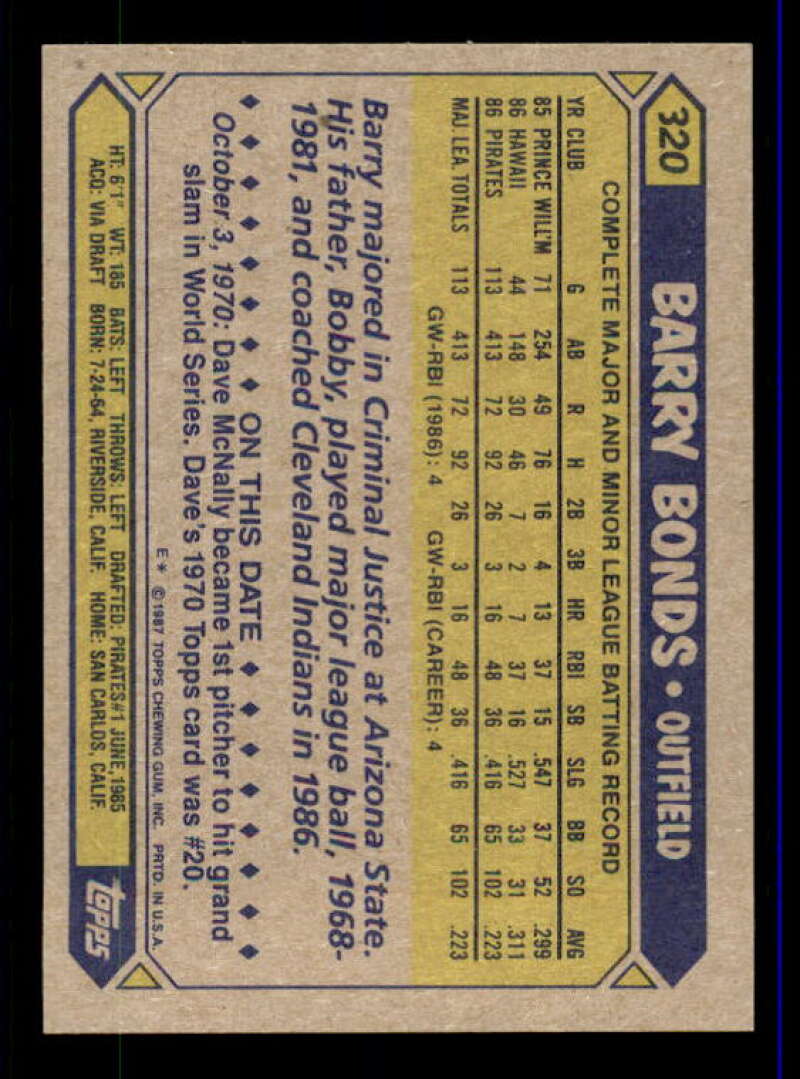 Barry Bonds Rookie Card 1987 Topps #320 Image 2