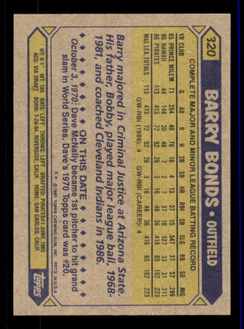 1987 Topps Barry Bonds Rookie Card 320 