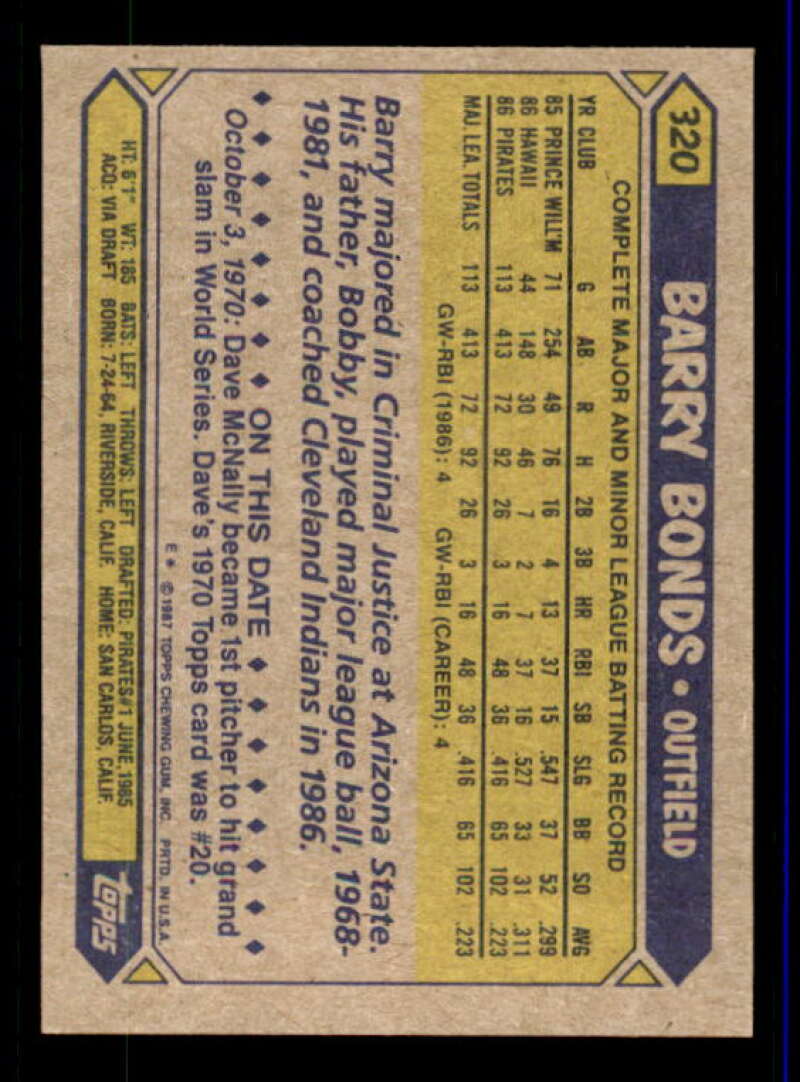 Barry Bonds Rookie Card 1987 Topps #320 Image 2