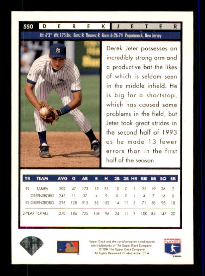 Derek Jeter Top Prospects Card 1994 Upper Deck #550 Image 2