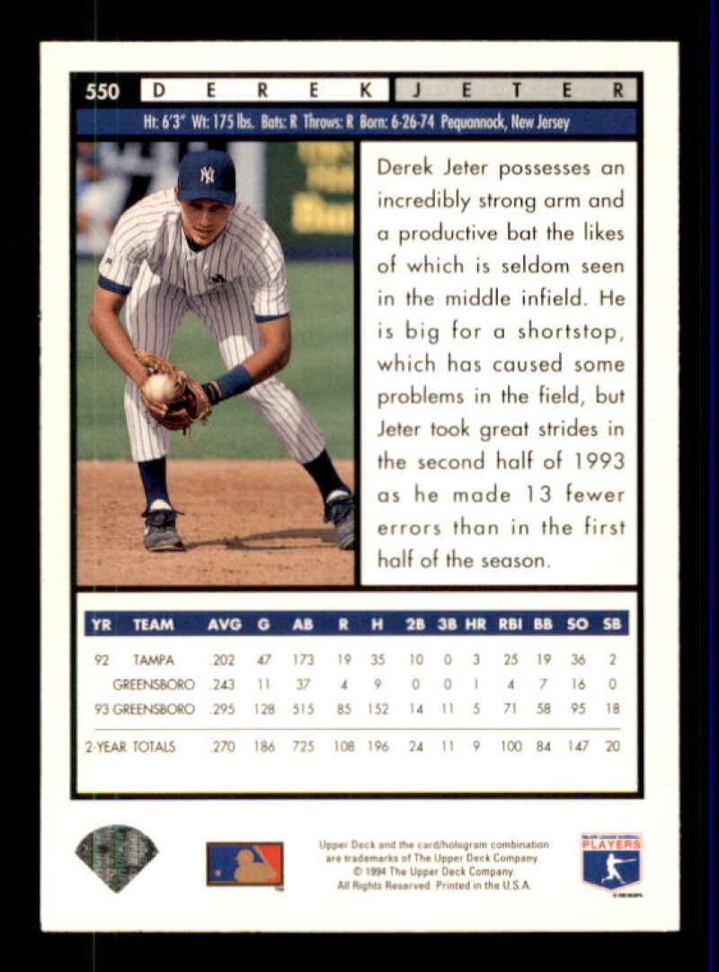 Derek Jeter Top Prospects Card 1994 Upper Deck #550 Image 2