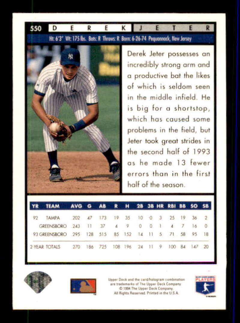 Derek Jeter Top Prospects Card 1994 Upper Deck #550 Image 2