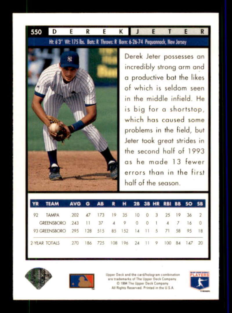 Derek Jeter Top Prospects Card 1994 Upper Deck #550 Image 2