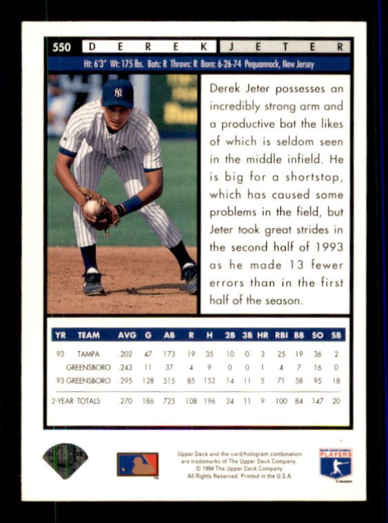 Derek Jeter Top Prospects Card 1994 Upper Deck #550 Image 2